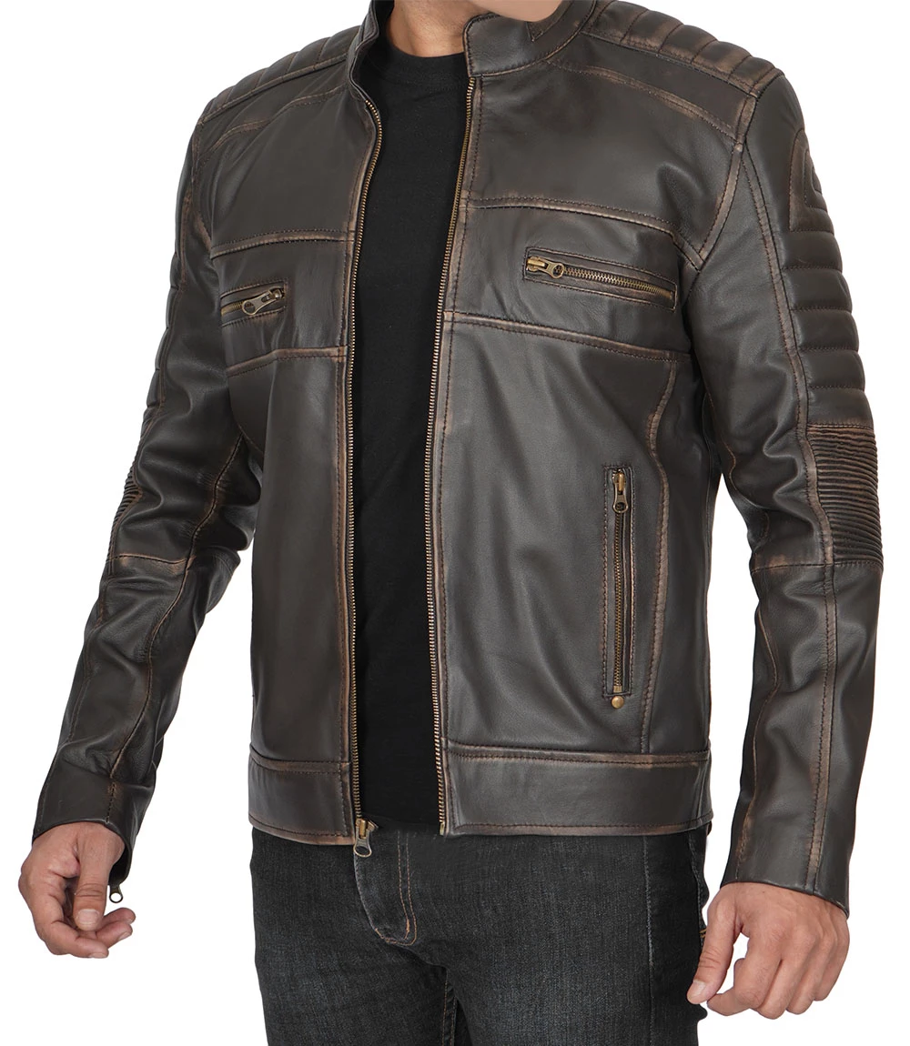Muzqey Mens Distressed Dark Brown Cafe Racer Vinatge Real Leather Jacket - Image 3