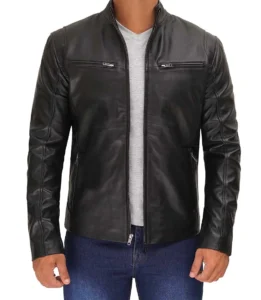 Muzqey Mens Black Cafe Racer Leather Jacket