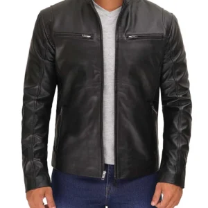 Muzqey Mens Black Cafe Racer Leather Jacket