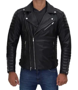 Muzqey Mens Biker Style Asymmetrical Real Black Leather Jacket