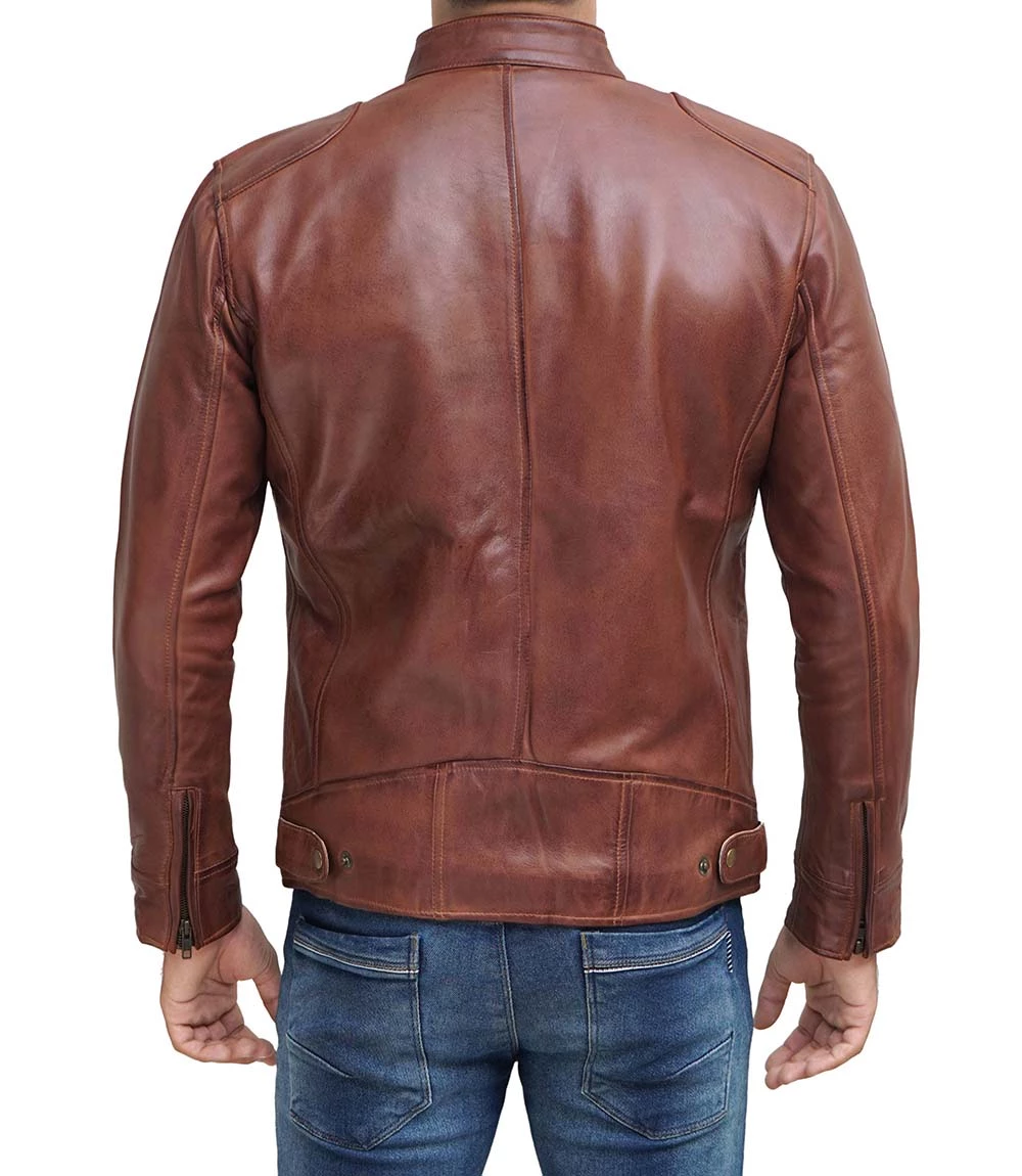 Muzqey Cafe Racer Black Leather Jacket for Men - Premium Stylish Multi-Pockets Mens Cafe Racer Leather Jacket Brown - Image 2