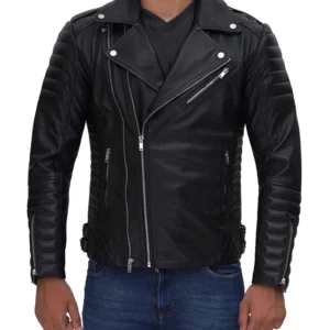 Muzqey Mens Biker Style Asymmetrical Real Black Leather Jacket