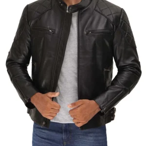 Muzqey Cafe Racer Black Leather Jacket for Men - Premium Stylish Multi-Pockets