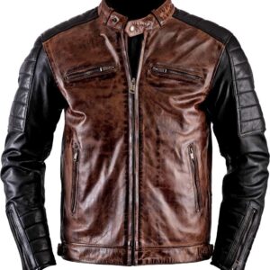 Men's Antique Cafe Racer Motorcycle Retro Vintage Quilted Distressed Leather Biker Black Jacket