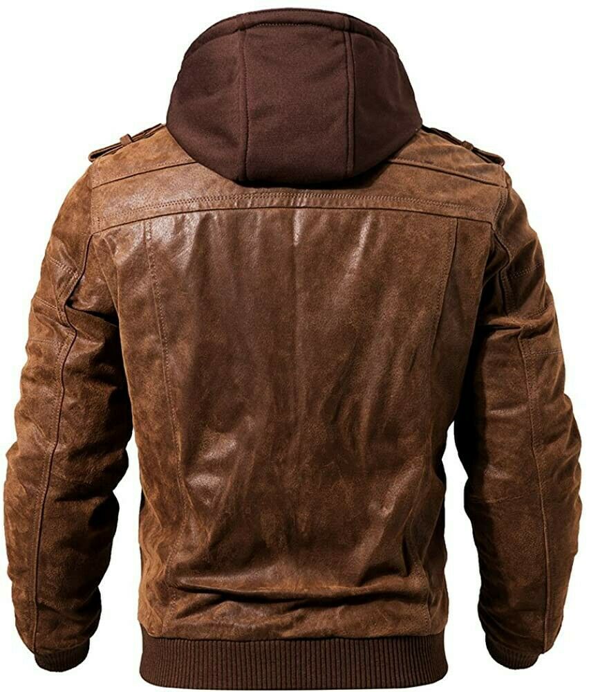 USA BROWN LEATHER MOTORCYCLE & BIKER JACKET FOR MEN WITH REMOVABLE HOOD - Image 3
