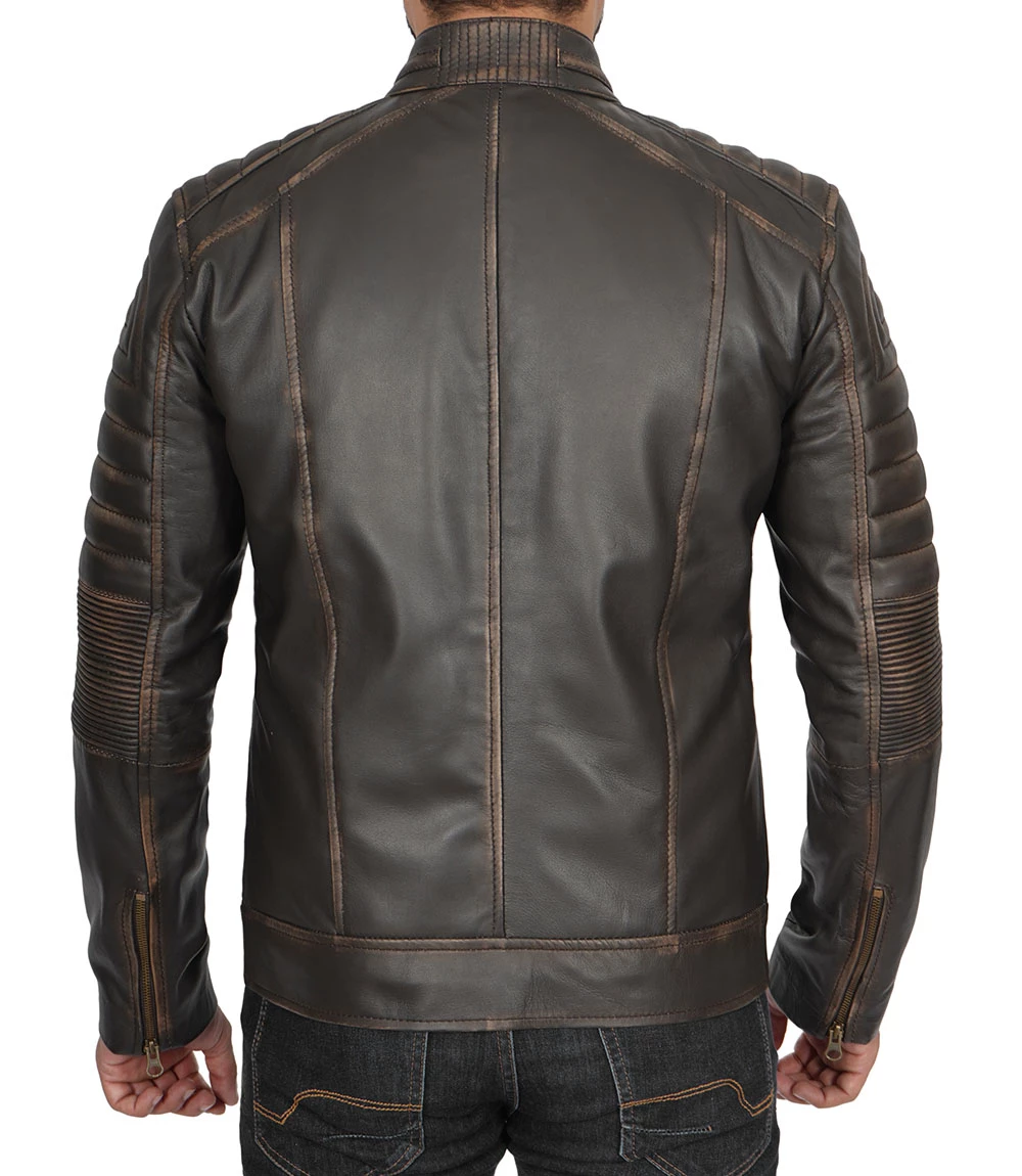 Muzqey Mens Distressed Dark Brown Cafe Racer Vinatge Real Leather Jacket - Image 2