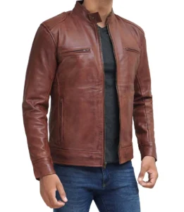 Muzqey Cafe Racer Black Leather Jacket for Men - Premium Stylish Multi-Pockets Mens Cafe Racer Leather Jacket Brown