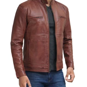 Muzqey Cafe Racer Black Leather Jacket for Men - Premium Stylish Multi-Pockets Mens Cafe Racer Leather Jacket Brown
