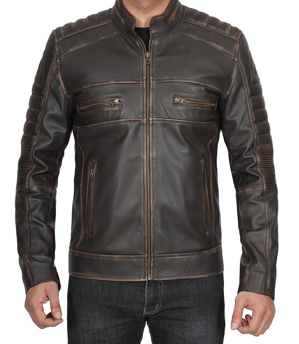 Muzqey Mens Distressed Dark Brown Cafe Racer Vinatge Real Leather Jacket - Image 4