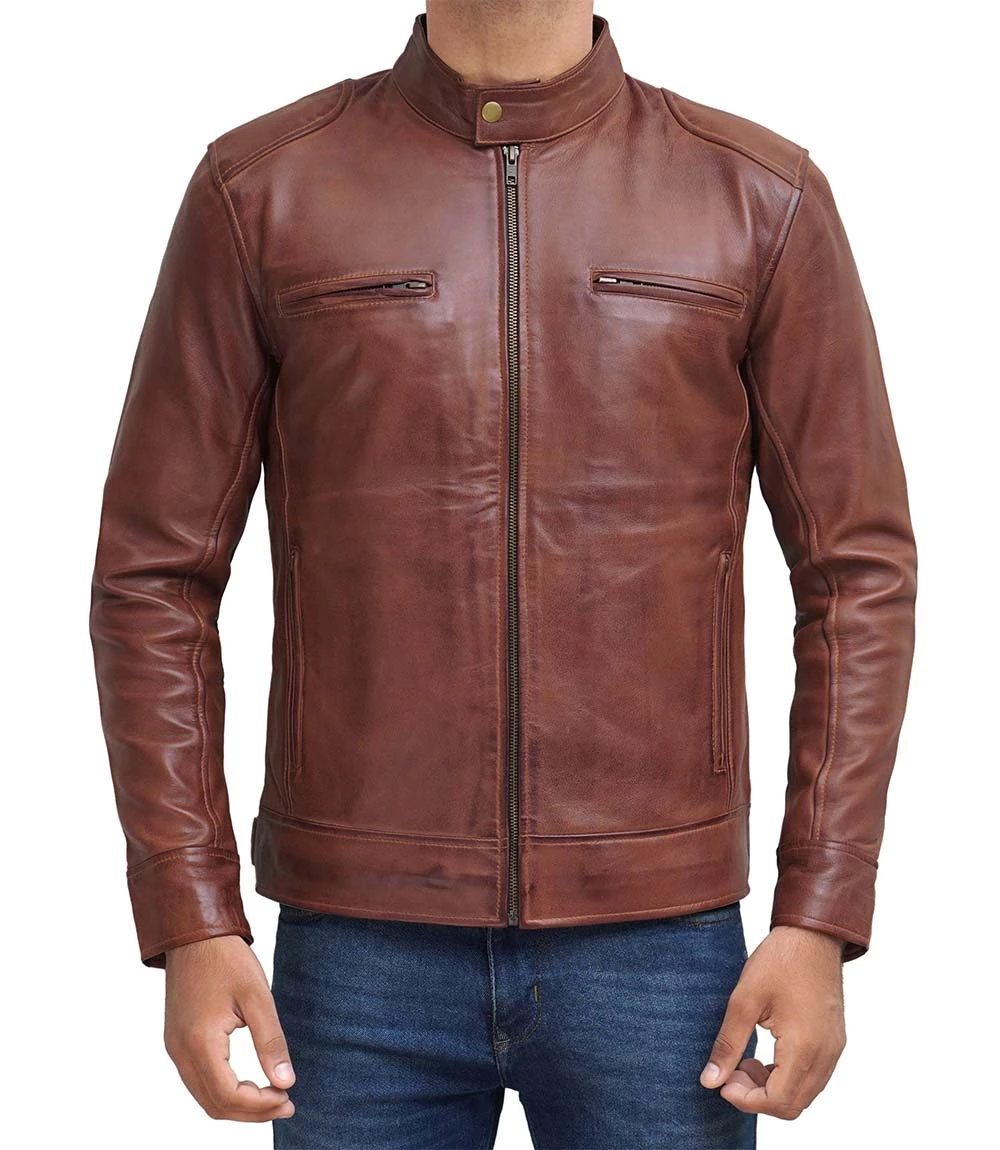 Muzqey Cafe Racer Black Leather Jacket for Men - Premium Stylish Multi-Pockets Mens Cafe Racer Leather Jacket Brown - Image 4