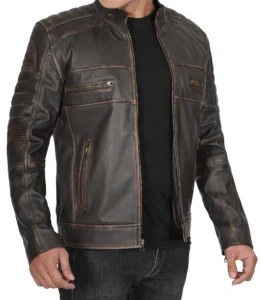 Muzqey Mens Distressed Dark Brown Cafe Racer Vinatge Real Leather Jacket