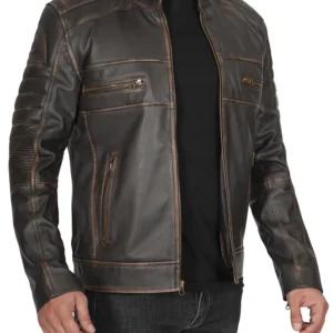 Muzqey Mens Distressed Dark Brown Cafe Racer Vinatge Real Leather Jacket