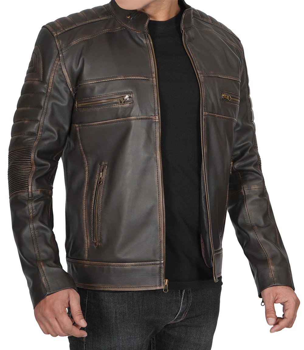 Muzqey Mens Distressed Dark Brown Cafe Racer Vinatge Real Leather Jacket