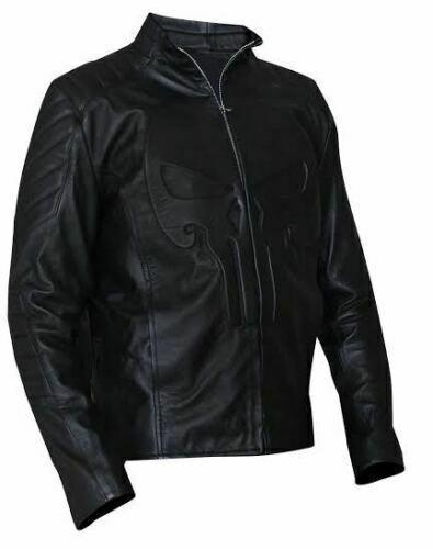 Black Punisher Padded Embossed Biker Leather Jacket - Image 3
