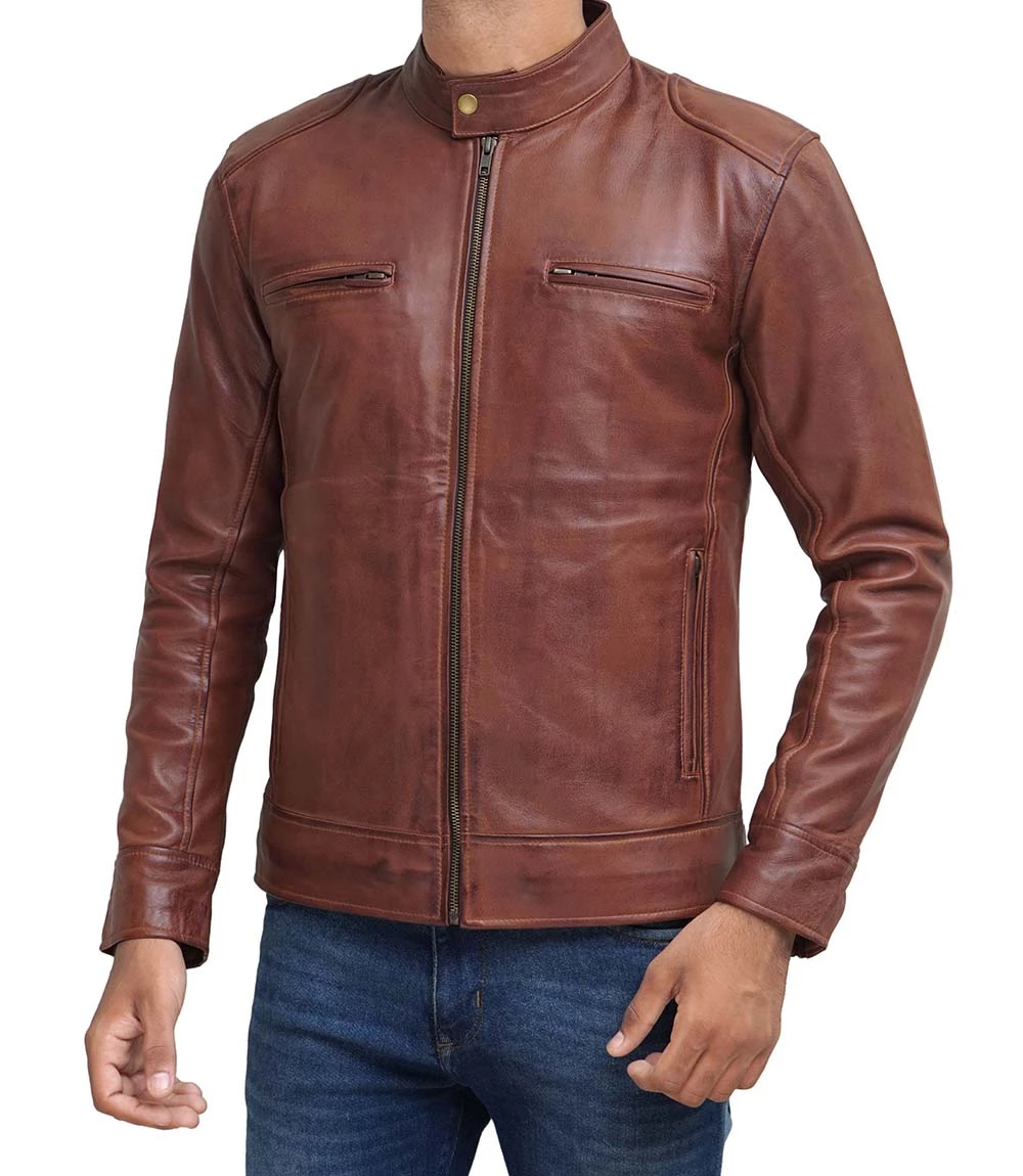 Muzqey Cafe Racer Black Leather Jacket for Men - Premium Stylish Multi-Pockets Mens Cafe Racer Leather Jacket Brown - Image 5