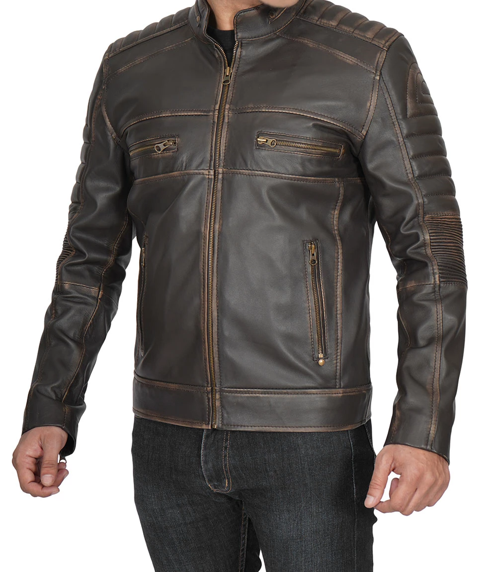Muzqey Mens Distressed Dark Brown Cafe Racer Vinatge Real Leather Jacket - Image 5