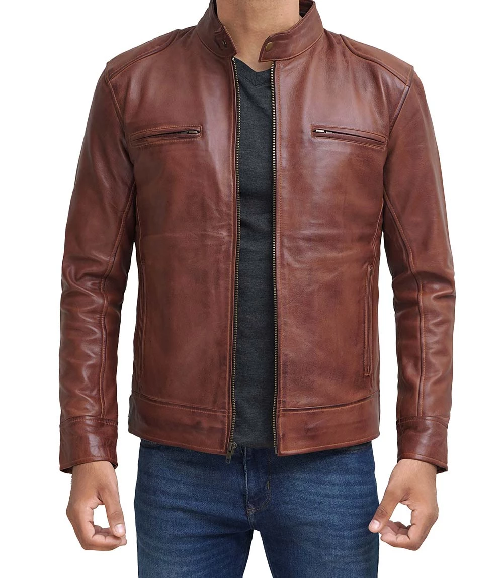 Muzqey Cafe Racer Black Leather Jacket for Men - Premium Stylish Multi-Pockets Mens Cafe Racer Leather Jacket Brown - Image 3