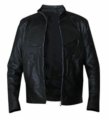 Black Punisher Padded Embossed Biker Leather Jacket - Image 2