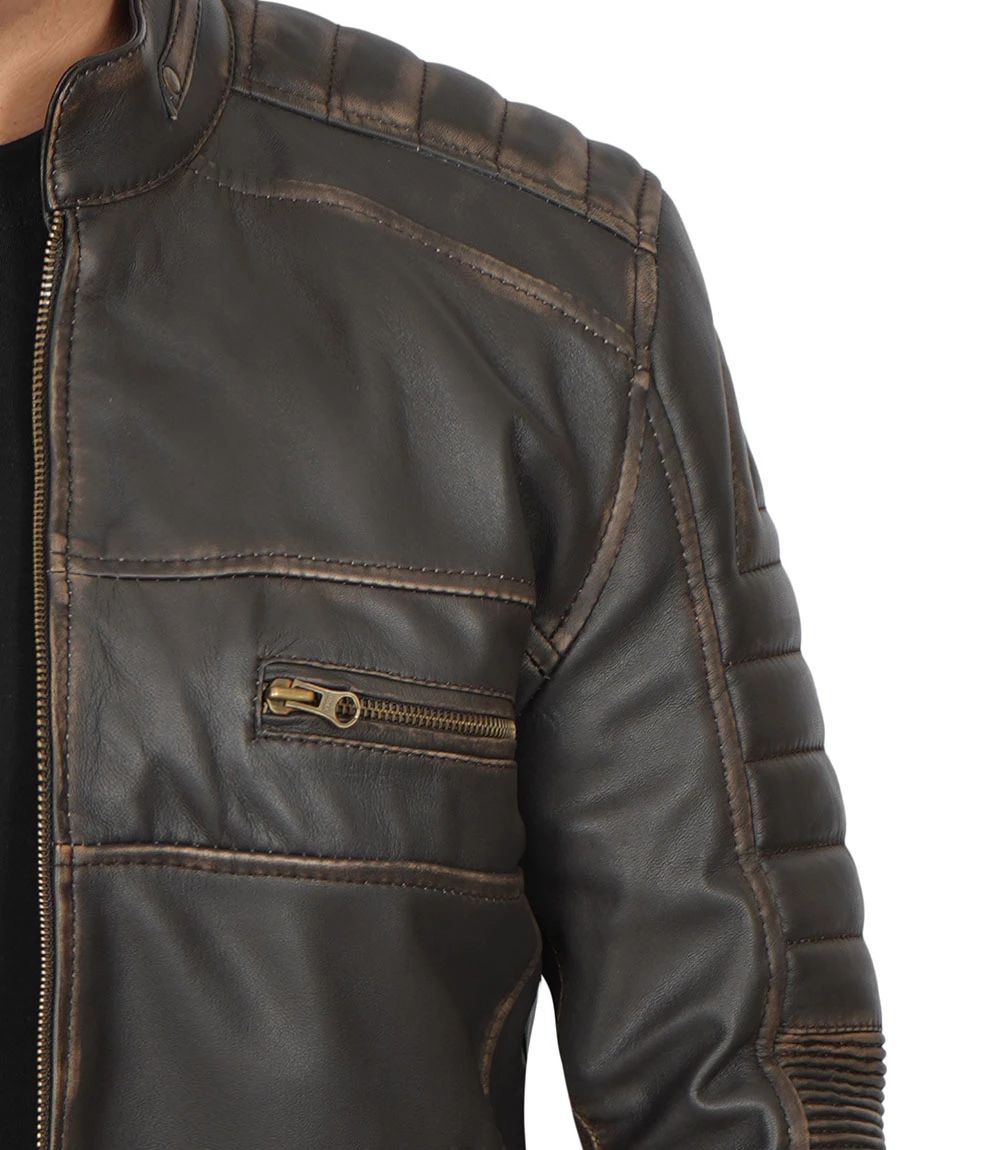 Muzqey Mens Distressed Dark Brown Cafe Racer Vinatge Real Leather Jacket - Image 6