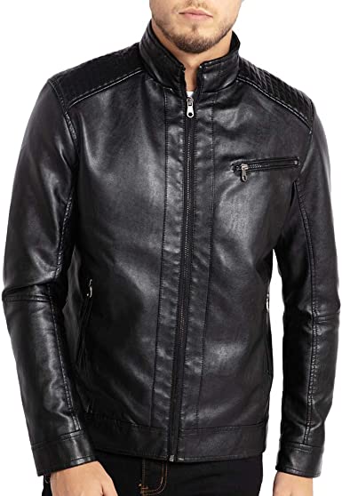 Men's Stand Collar Black Biker Leather Jacket Lightweight Real Leather Outwear - Image 2