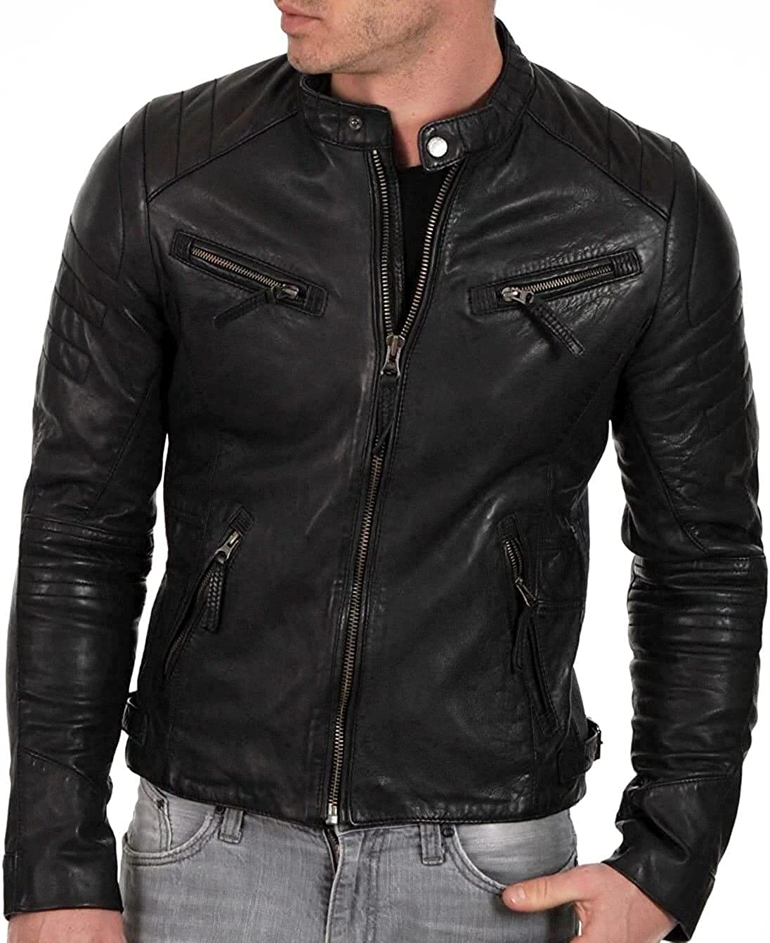 Muzqey Biker Vintage Motorcycle Cafe Racer Black Leather Bomber Jacket for Men - Image 3