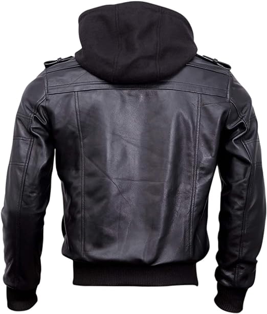 Muzqey Bomber Genuine Leather Men's Jacket Hooded - Black and Brown - Image 3