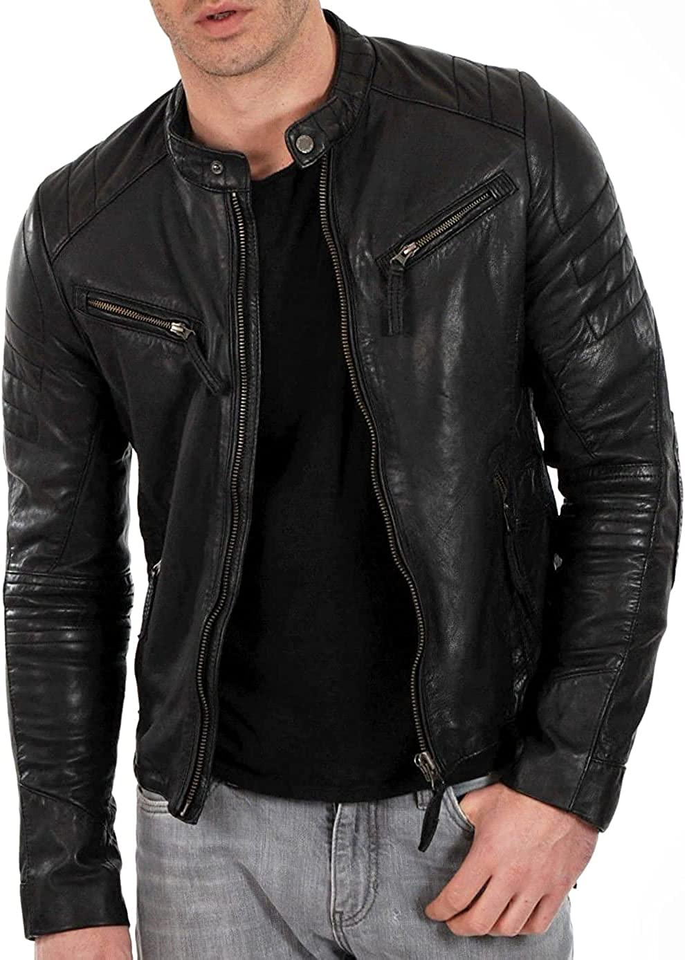 Muzqey Biker Vintage Motorcycle Cafe Racer Black Leather Bomber Jacket for Men - Image 5