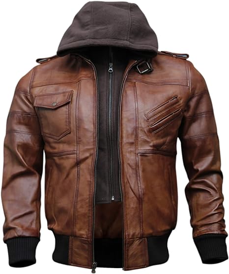 Muzqey Bomber Genuine Leather Men's Jacket Hooded - Black and Brown - Image 4