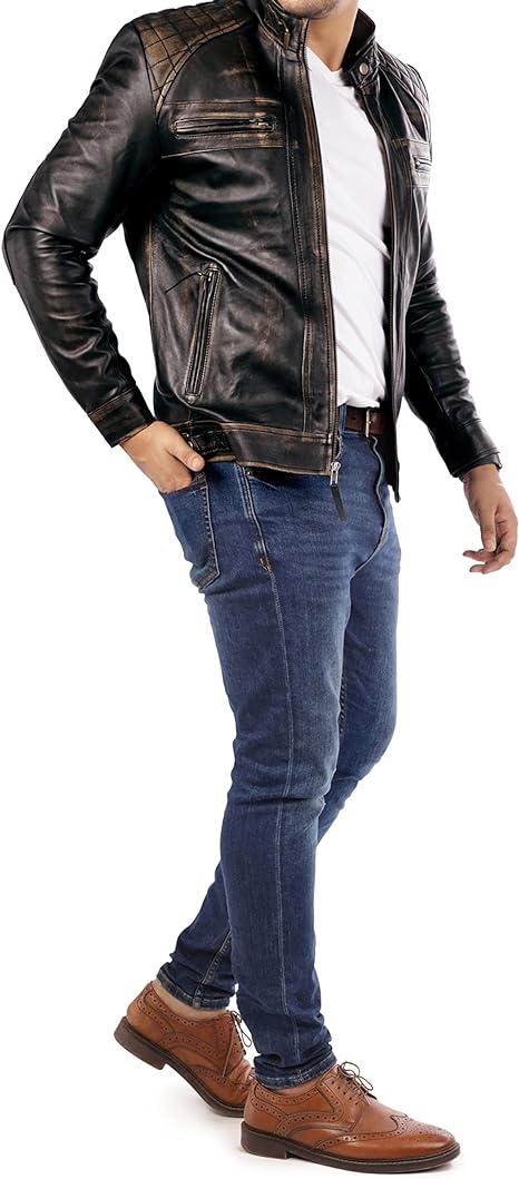 Muzqey Lambskin Leather Jacket - Men's Casual Style Café Racer Real Quilted Style for Motorcycle - Image 4