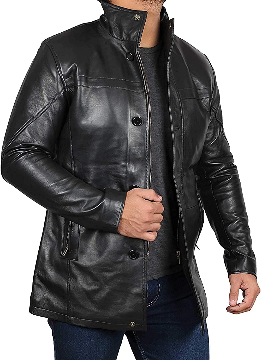 Muzqey Leather Jacket Lambskin Black Leather Trench Coat Men's - Image 3