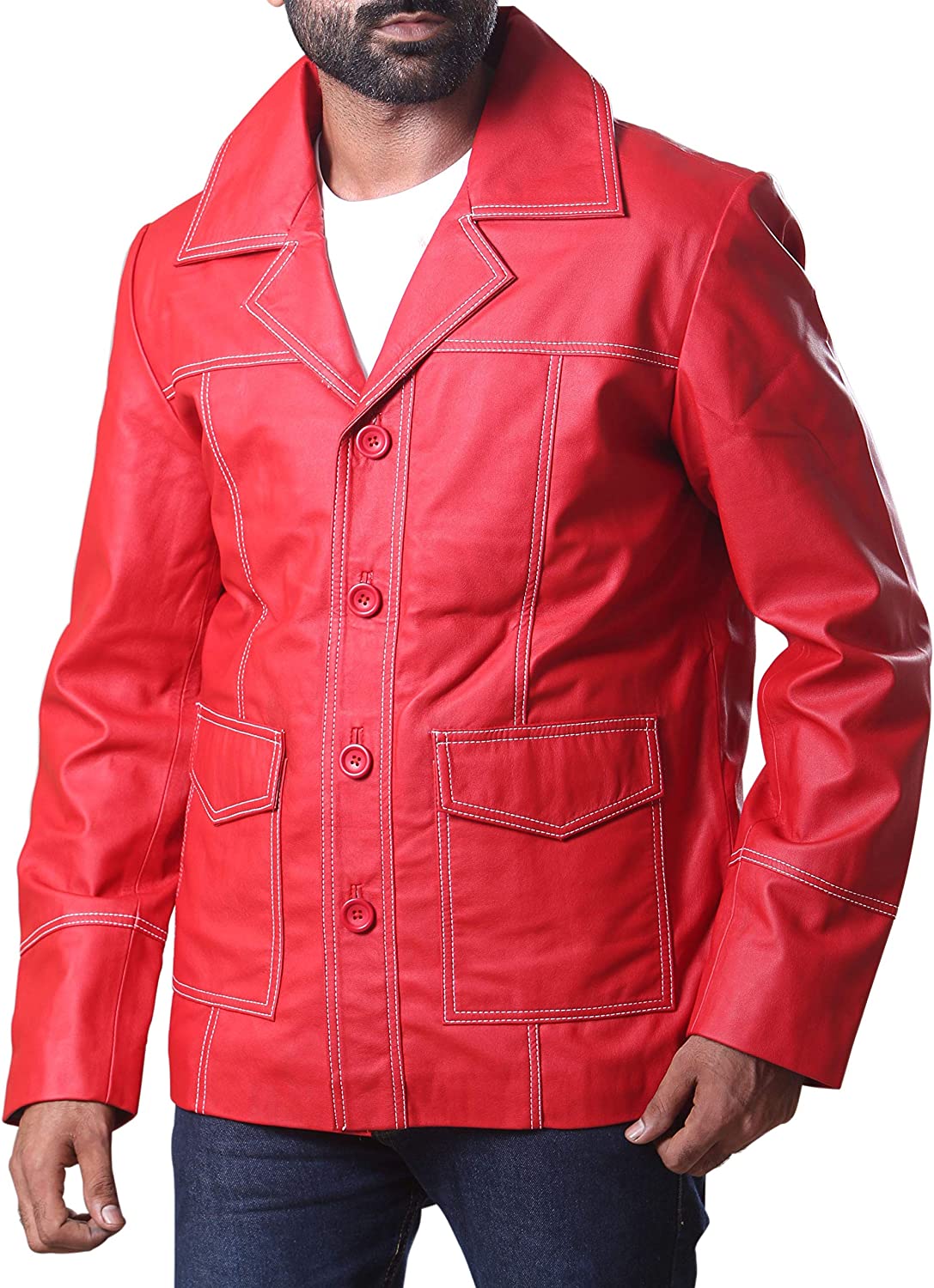 Muzqey Brad Red Real Leather Jacket FC Shirt Collor Durden Coat Tyler Jacket - Image 3