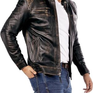 Muzqey Lambskin Leather Jacket - Men's Casual Style Café Racer Real Quilted Style for Motorcycle