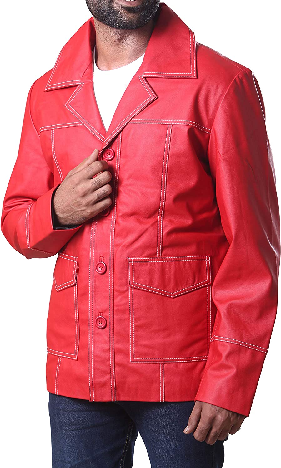 Muzqey Brad Red Real Leather Jacket FC Shirt Collor Durden Coat Tyler Jacket - Image 4