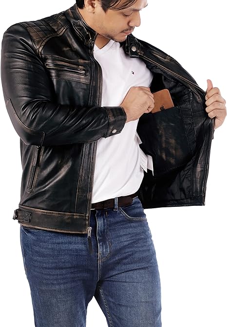 Muzqey Lambskin Leather Jacket - Men's Casual Style Café Racer Real Quilted Style for Motorcycle - Image 3