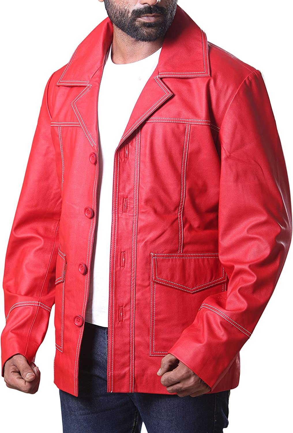 Muzqey Brad Red Real Leather Jacket FC Shirt Collor Durden Coat Tyler Jacket - Image 5