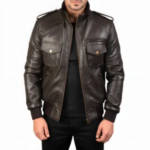 Agent Shadow Mens Brown Leather Bomber Jacket