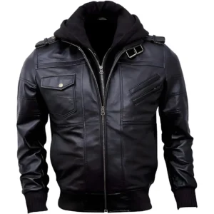 Muzqey Bomber Genuine Leather Men's Jacket Hooded - Black and Brown
