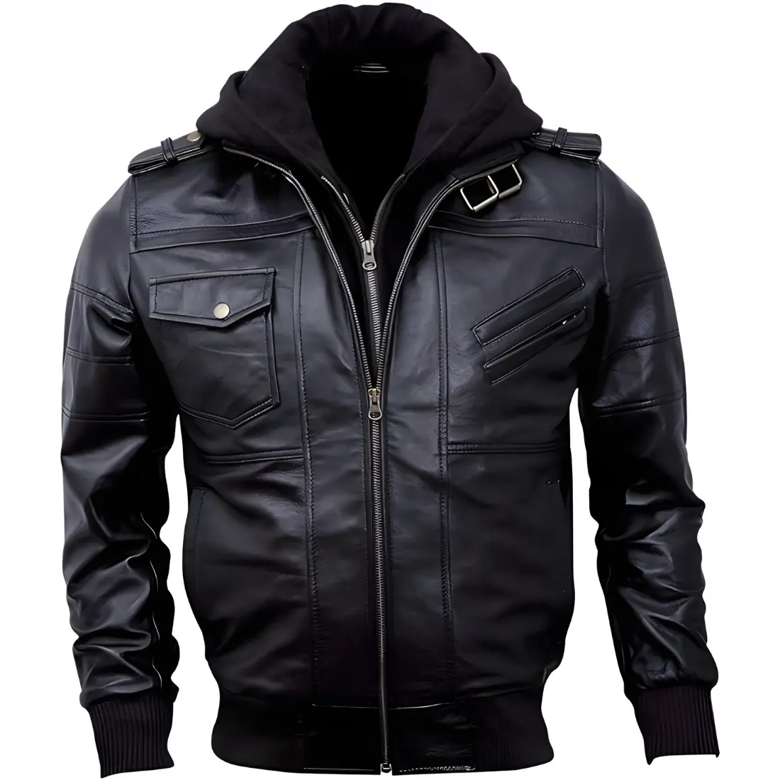 Muzqey Bomber Genuine Leather Men's Jacket Hooded - Black and Brown