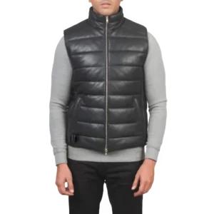 Mens Black Leather Puffer Vest