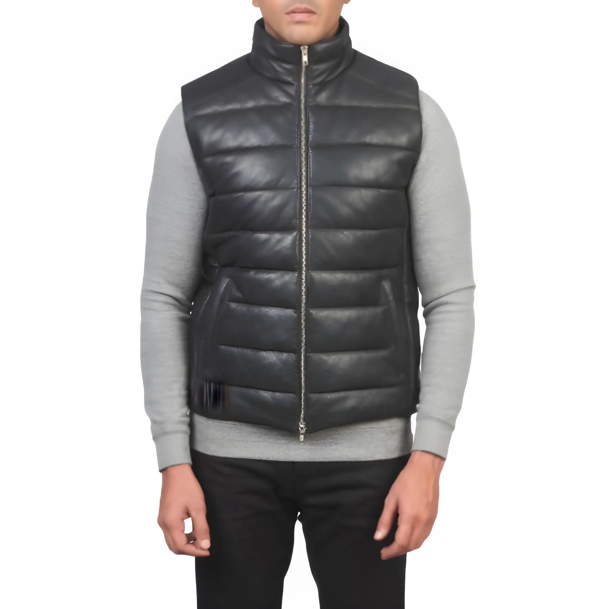 Mens Black Leather Puffer Vest
