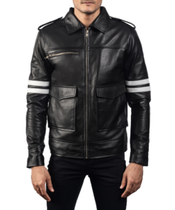 Black Bomber Leather Jacket For Mens
