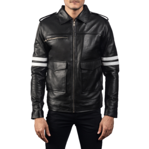 Black Bomber Leather Jacket For Mens