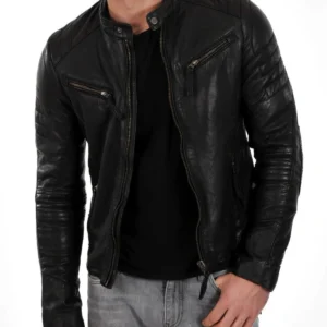 Muzqey Biker Vintage Motorcycle Cafe Racer Black Leather Bomber Jacket for Men
