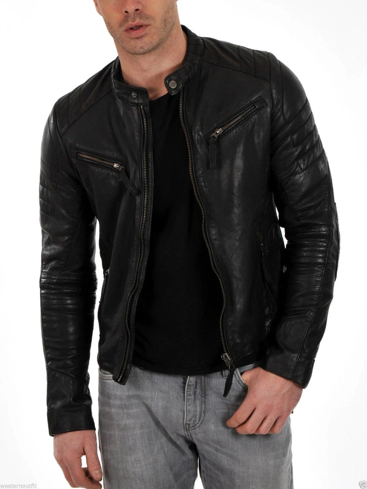 Muzqey Biker Vintage Motorcycle Cafe Racer Black Leather Bomber Jacket for Men