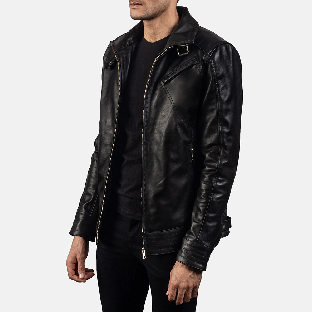 Muzqey Men's Real Leather Bomber Jacket Black - Image 4