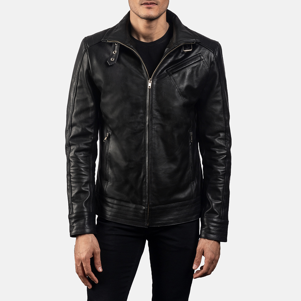 Muzqey Men's Real Leather Bomber Jacket Black - Image 3
