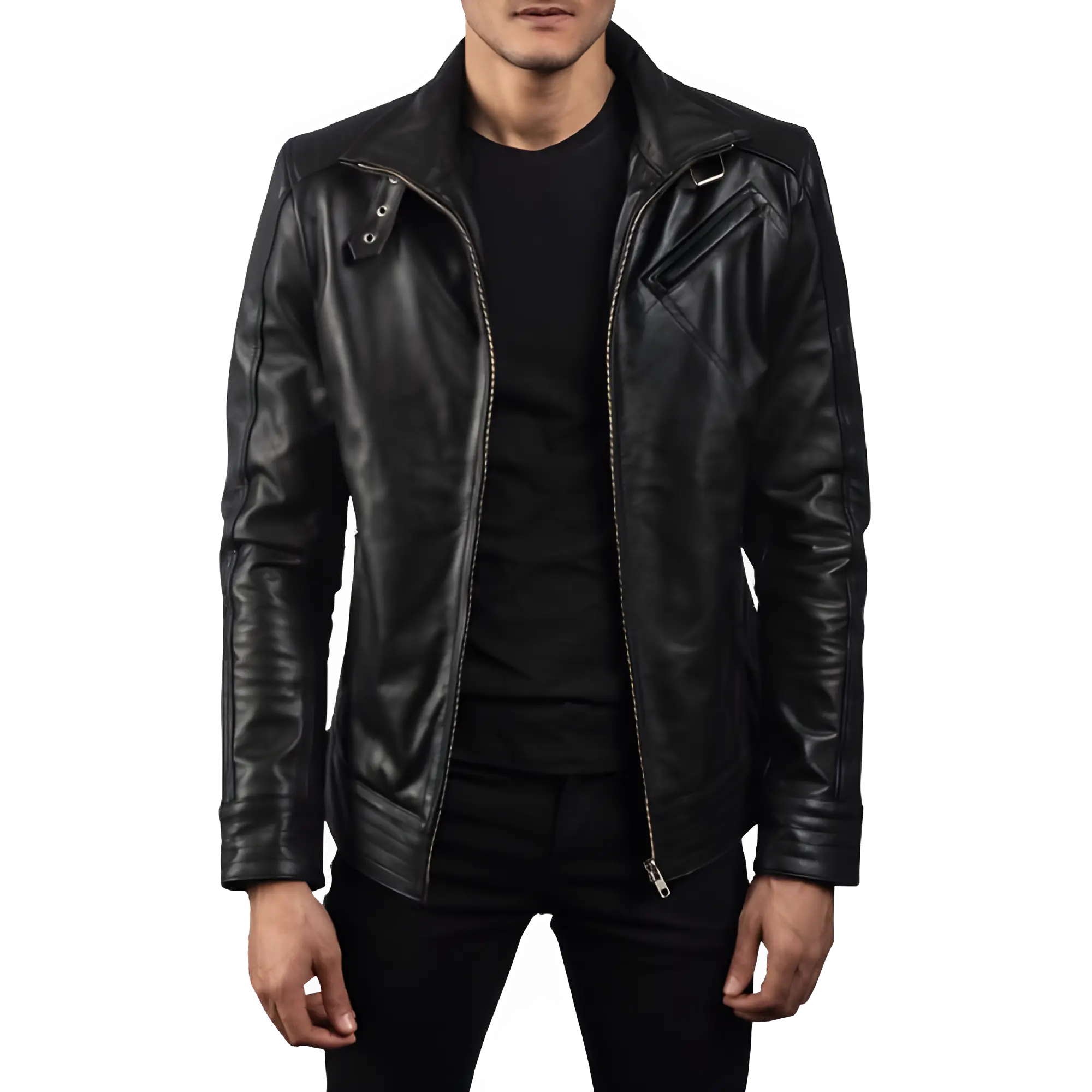 Muzqey Men's Real Leather Bomber Jacket Black