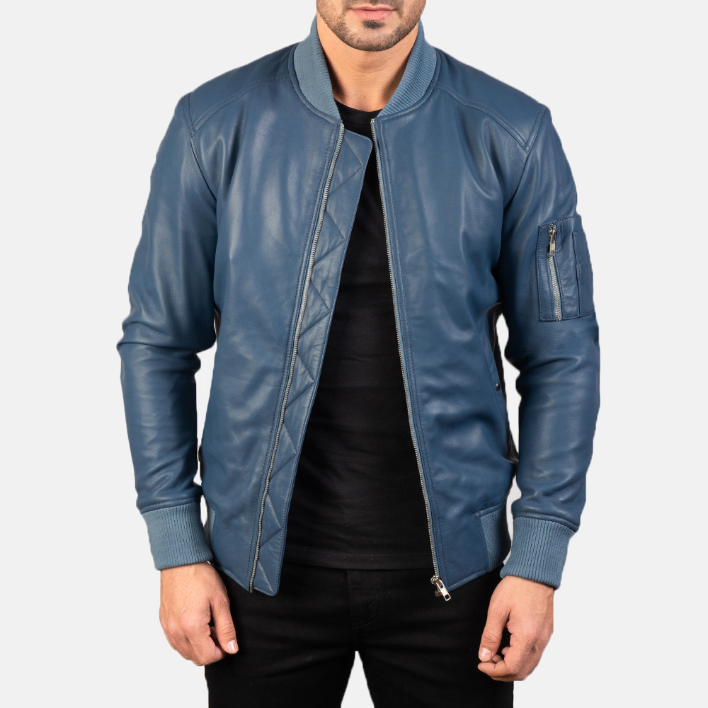 Men's Bomber Leather Jackets in Brown, Blue and Black - Image 3