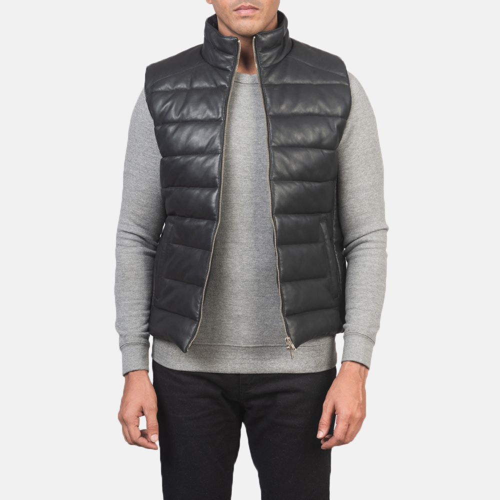 Mens Black Leather Puffer Vest - Image 4