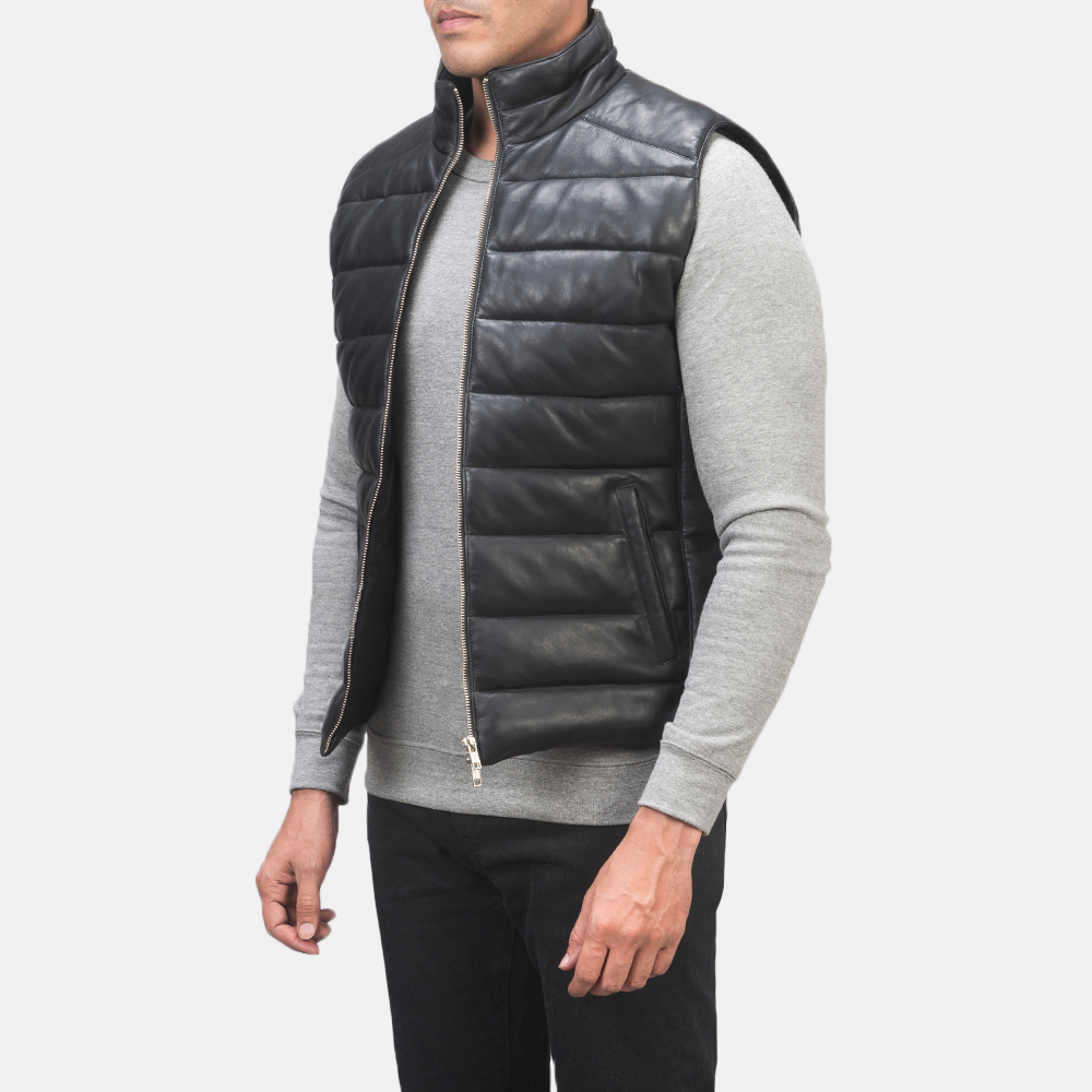 Mens Black Leather Puffer Vest - Image 3